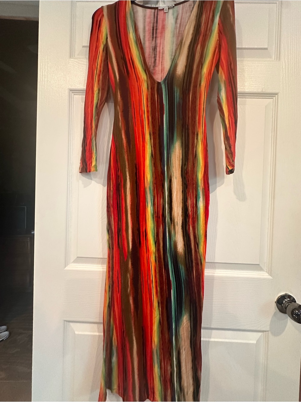 Fashion Nova Multicolor Vertical Stripe V-Neck Maxi Dress